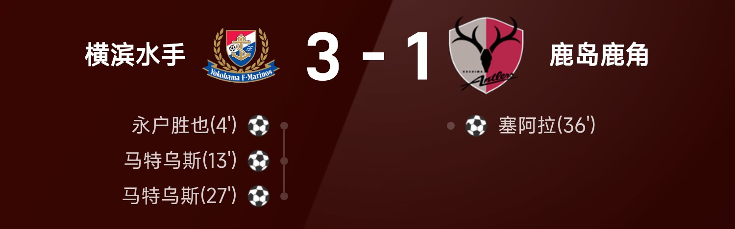 ⚽日职联战报：马特乌斯梅开二度，横滨水手3-1爆冷战胜鹿岛鹿角